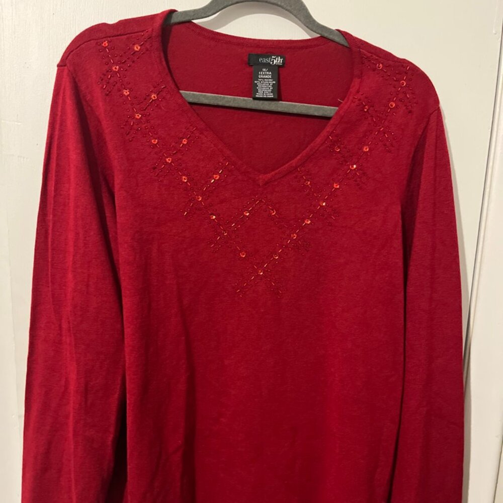 EAST 5TH Dark Red beaded, sequins v-neck Sweater SZ 1X